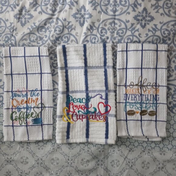 Kitchen Towels 3 White/Blue Stripes Waffle Fabric Embroidered Multicolor Quotes - Picture 5 of 5